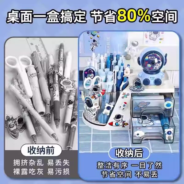 德国笔筒收纳盒大容量儿童学生书桌抽屉式三合一360度宇航员笔桶 - 图片 4